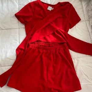 Wrap top, red romper with elastic waistband